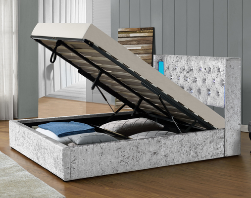 Thoải mái bằng vải bạc Gas Lift Storage Bed Crush Velvet With LED Light Headboard