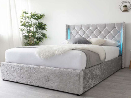 Queen Size Grey Crushed Velvet Plywood Bed Với đèn LED Đầu giường Cả hai bên