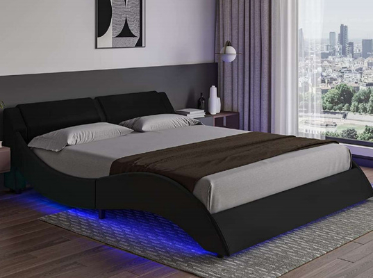 Khung giường bọc vải thoải mái hiện đại Hình dạng đường cong với đầu giường LED