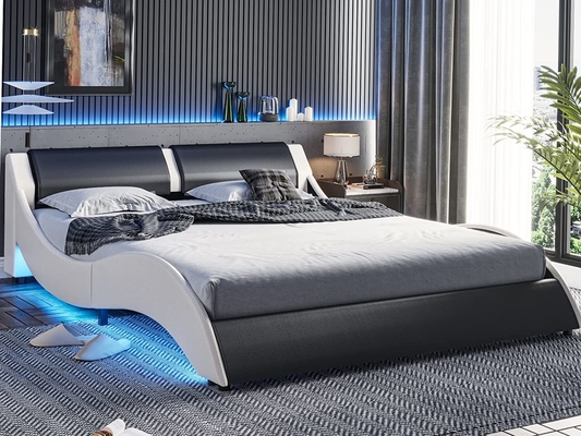 Giường đệm với bàn đầu da PU, khung giường nền tảng PU với đèn LED