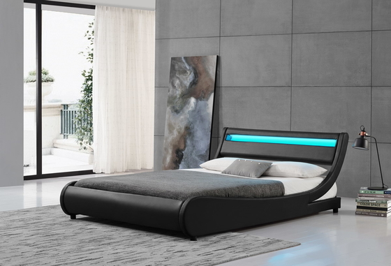 Ván ép LED Giường bọc nệm Đèn ngủ Đầu giường bọc da PU đen Khung giường đôi