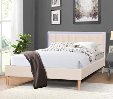 Giường gấp đôi vải lanh Giường ngủ bọc gỗ với đèn LED Đầu giường