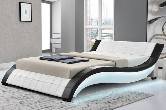 Bọc giường bằng ván ép Khung giường Hình dạng sóng Da PU với đèn LED cả hai bên đường ray