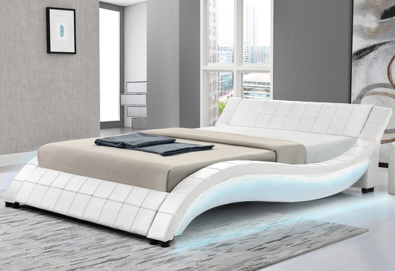 Bọc giường bằng ván ép Khung giường Hình dạng sóng Da PU với đèn LED cả hai bên đường ray