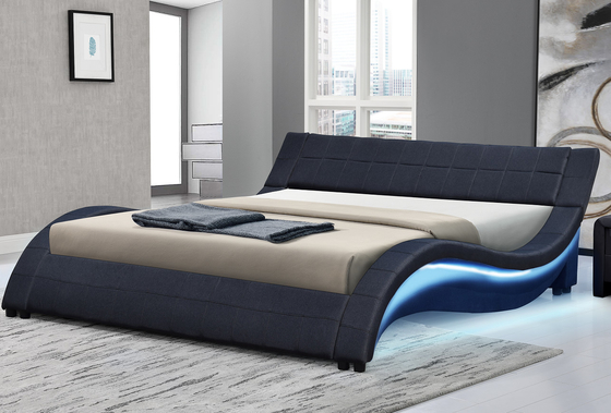 Bọc giường bằng ván ép Khung giường Hình dạng sóng Da PU với đèn LED cả hai bên đường ray