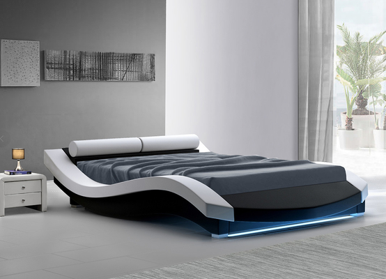 Khung giường bọc nệm Hình dạng sóng Ván ép bằng da PU với bảng đèn LED
