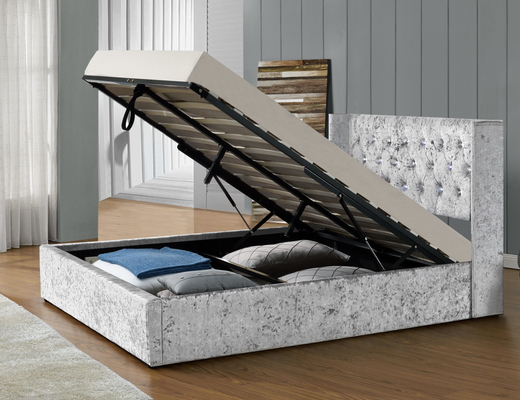 Thoải mái bằng vải bạc Gas Lift Storage Bed Crush Velvet With LED Light Headboard