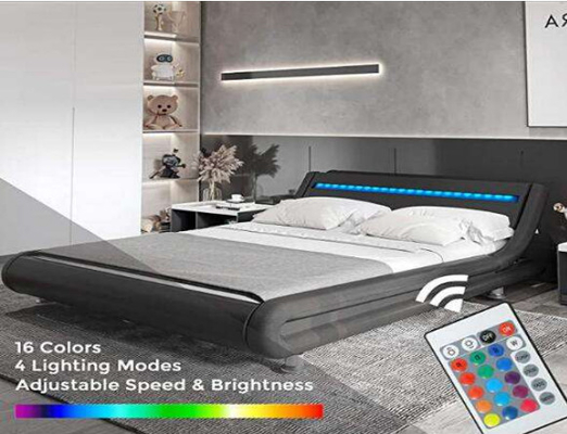Giường đôi bọc vải lanh màu đen Giường có đèn LED