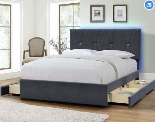 Grey Velvet King Size Khung giường bọc nệm Đầu giường cao có ngăn kéo