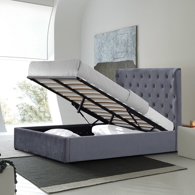 Grey King Size Giường lưu trữ bọc nệm Khung ván ép Dễ dàng lắp ráp với Tai đầu giường