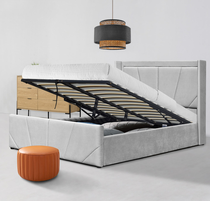 Khung giường lưu trữ nền tảng OEM bằng vải màu xám nhạt với đầu giường có cánh bọc nệm