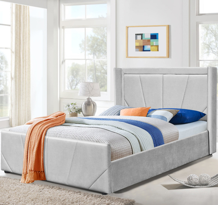 Khung giường lưu trữ nền tảng OEM bằng vải màu xám nhạt với đầu giường có cánh bọc nệm