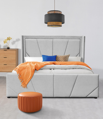 Khung giường lưu trữ nền tảng OEM bằng vải màu xám nhạt với đầu giường có cánh bọc nệm