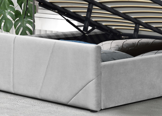 Khung giường lưu trữ nền tảng OEM bằng vải màu xám nhạt với đầu giường có cánh bọc nệm