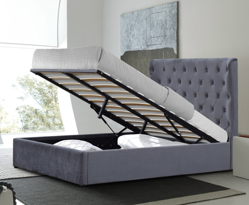 King Size 500lbs Gas Lift Storage Bed Grey Velvet Fabric Tufted Buttons On Headboard