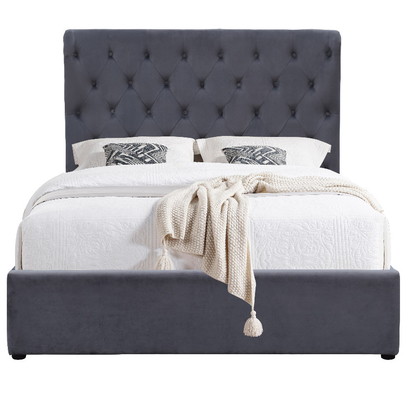 King Size 500lbs Gas Lift Storage Bed Grey Velvet Fabric Tufted Buttons On Headboard