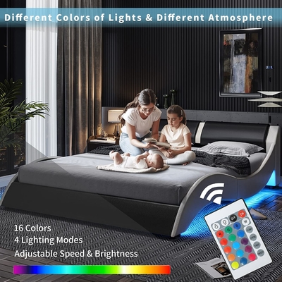Giường đệm với bàn đầu da PU, khung giường nền tảng PU với đèn LED