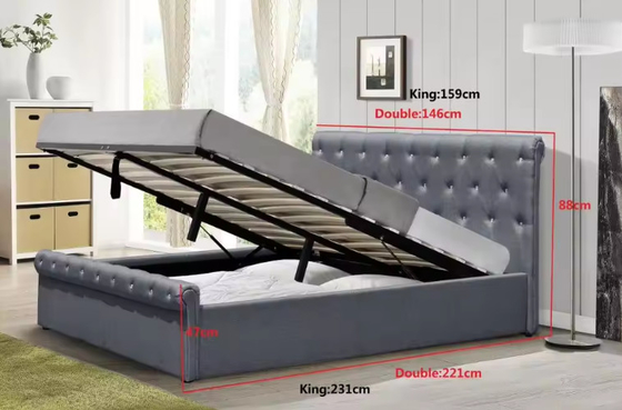 Nâng lên giường lưu trữ kích thước đầy đủ giường bọc với đầu giường và kho lưu trữ bên dưới