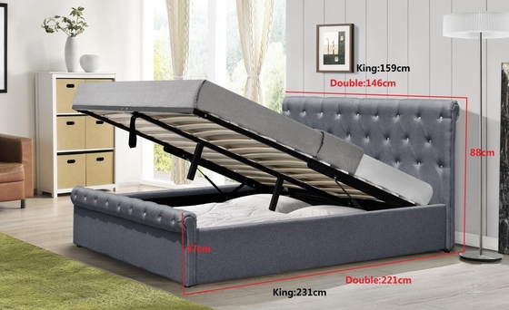 Diamond Buttons Gas Lift Storage Bed Bed Double Size Grey Linen Ottoman Bed Chứng nhận BSCI