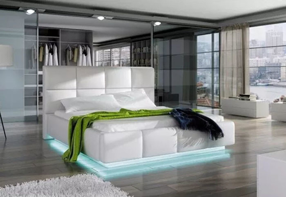 Kho lưu trữ sang trọng Giường nền Châu Âu hiện đại Màu trắng giả da với đèn LED 180 * 200cm