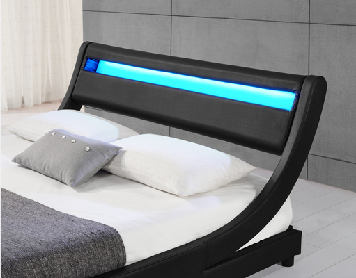 Ván ép LED Giường bọc nệm Đèn ngủ Đầu giường bọc da PU đen Khung giường đôi