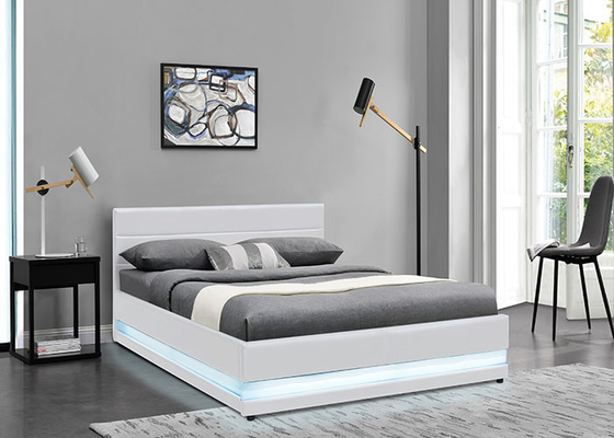 Kho chứa thang máy bằng da màu trắng Giường đôi bọc vải hiện đại với đèn LED