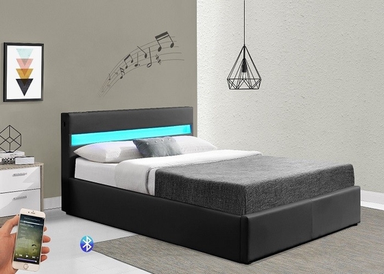 Giường lưu trữ khí nâng bằng nhung nghiền nát Giường bọc hiện đại màu xám với đèn LED