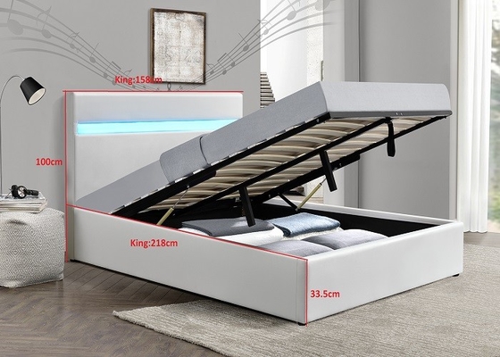 Giường lưu trữ khí nâng bằng nhung nghiền nát Giường bọc hiện đại màu xám với đèn LED
