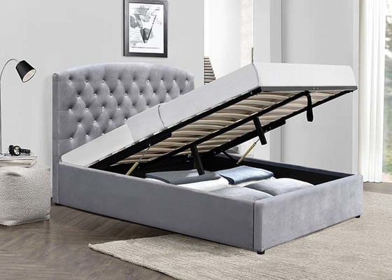 Giường lưu trữ thang máy bằng gas Slatted Giường đôi cỡ King Vải không điều chỉnh được Giường ngủ bọc nệm