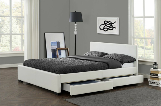 Nền tảng bọc da giả màu trắng Khung giường lưu trữ với đèn LED
