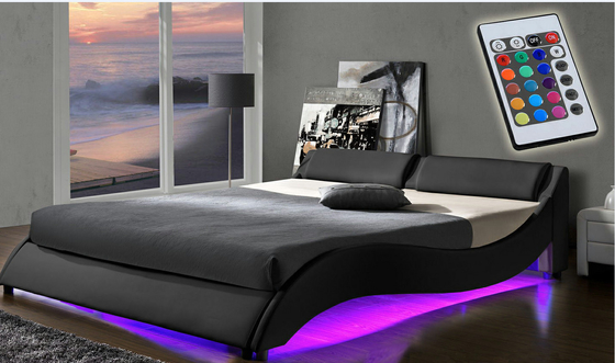 2 đèn LED Khung giường có kích thước gấp đôi Bệ bọc da PU