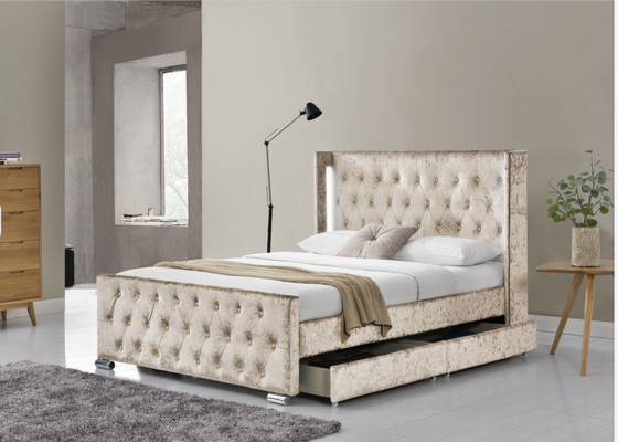 Cánh sau Ottoman Giường lưu trữ chần gòn có kích thước King Cỡ gỗ Sườn xám nhung nghiền với đầu giường